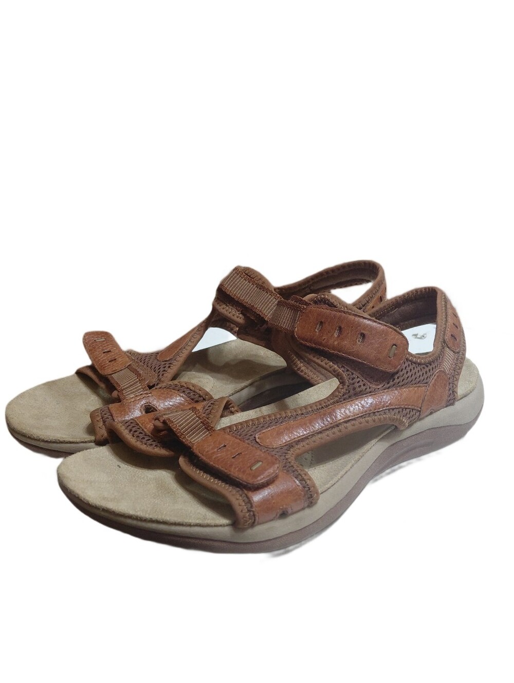 Earth Spirit Tan/Brown Leather Cushioned Adjustable Strap Sandals Size 9-9.5